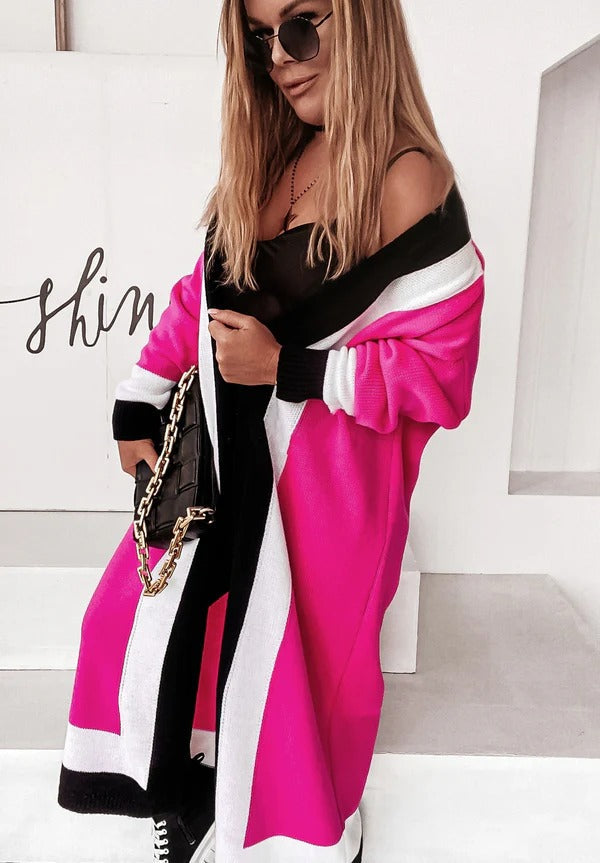 Women's Knitted Coat – Oversized Fit – Wide Collar – Ankle Length – Open Front