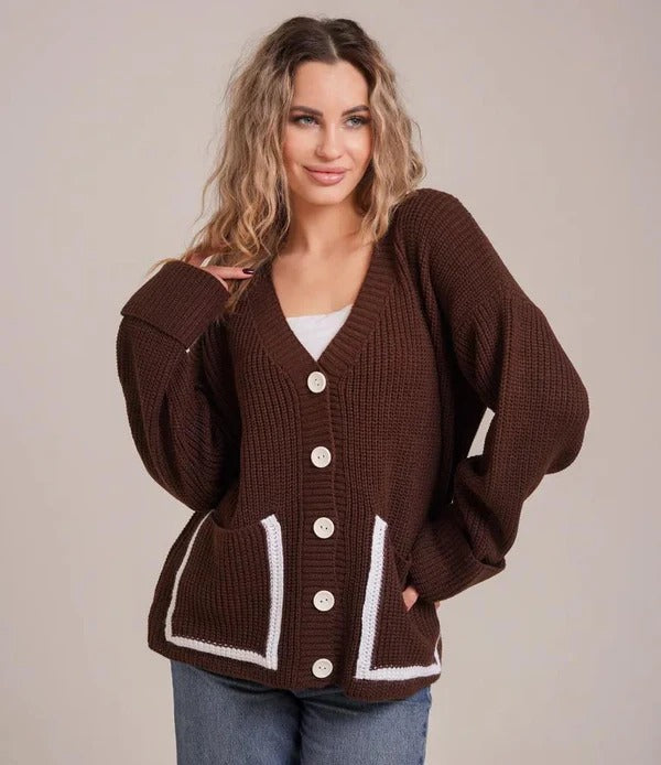 Women's Cardigan – Knitted – Relaxed Fit – Deep V-neck – Trimmed Pockets
