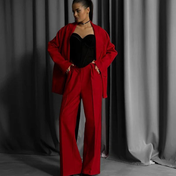 Women's Blazer Set – Oversized Fit – Wide Trousers – Classic Cut – Formal Style