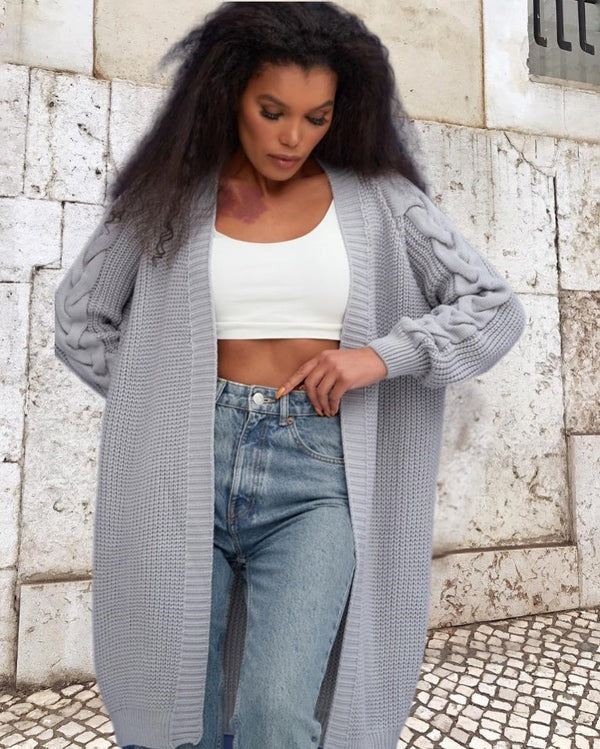 Women's Coat – Knitted Wool – Oversized Fit – Cable Knit Sleeves – Open Front