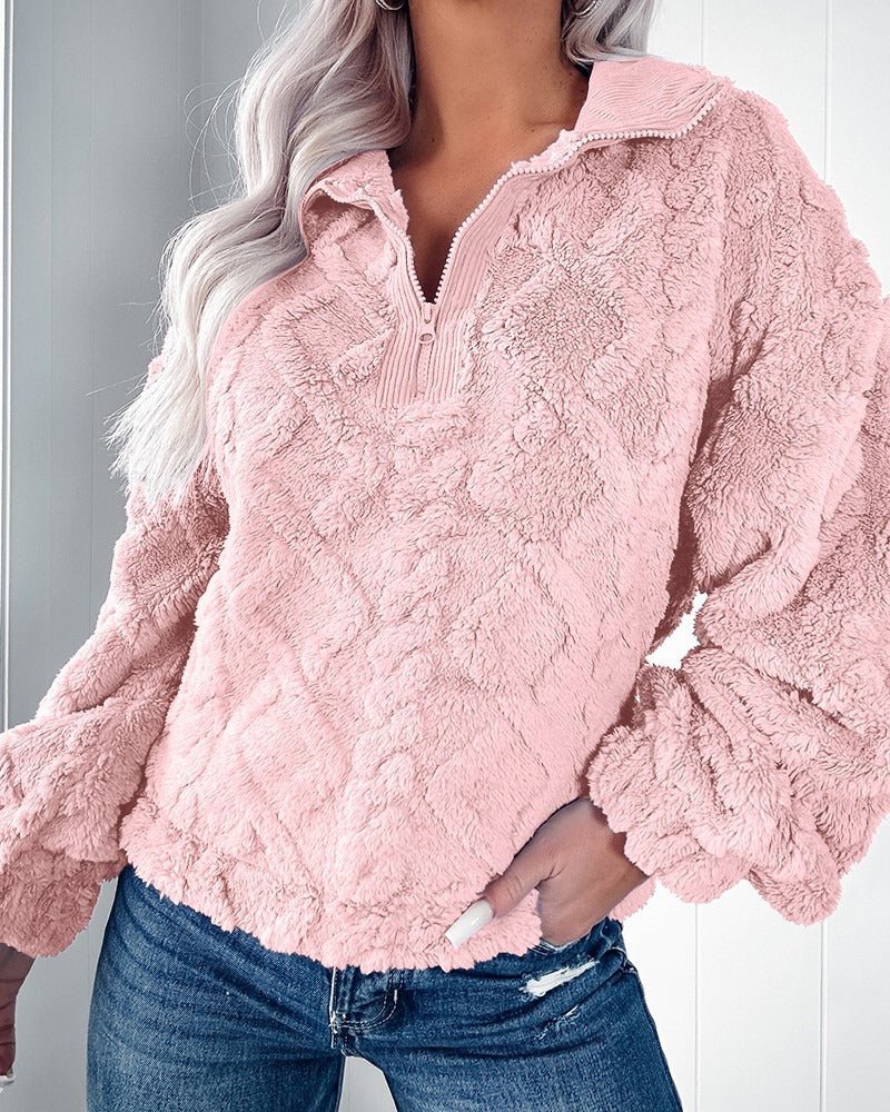 Women's Sweater – Faux Fur – Relaxed Fit – Quilted Texture – Half Zipper