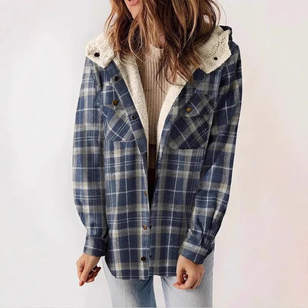 Women's Shirt – Plaid Fleece Lining – Relaxed Fit – Hood – Button Front