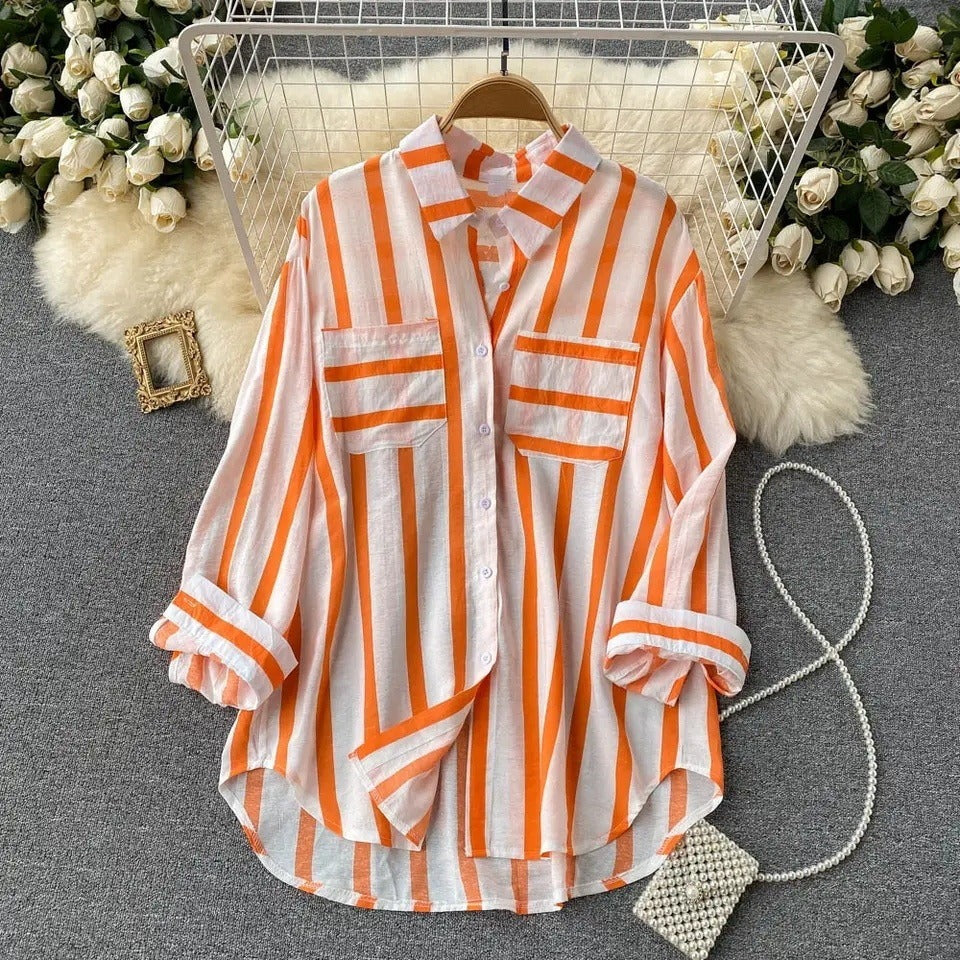 Women's Shirt Jacket – Loose Fit – Vertical Stripes – Button Closure – Cotton Blend