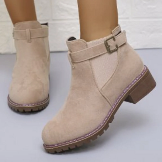 Women's Ankle Boots – Suede Look – Buckle – Elastic Panel – Non-Slip Sole