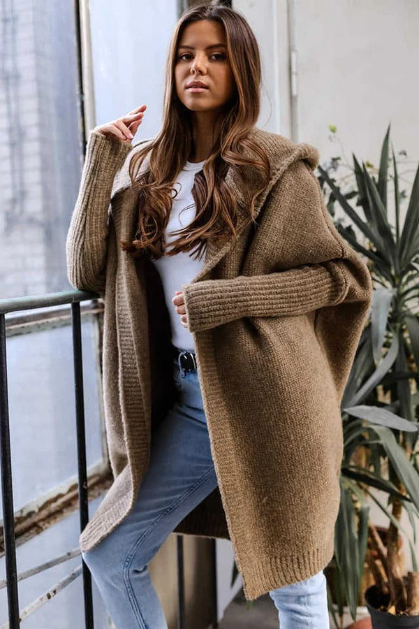 Women's Cardigan – Knitted – Oversized Fit – Hood – Open Front – Ribbed Details