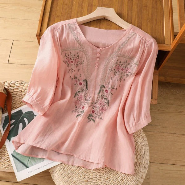 Women's Blouse – Relaxed Fit – Cotton Feel – Floral Embroidery – 3/4 Sleeves – Button Neck