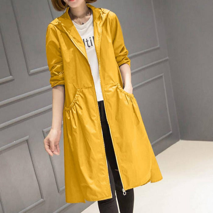 Women's Rain Jacket – Water-Repellent – Hood – Relaxed Fit – Knee-Length – Full Zipper