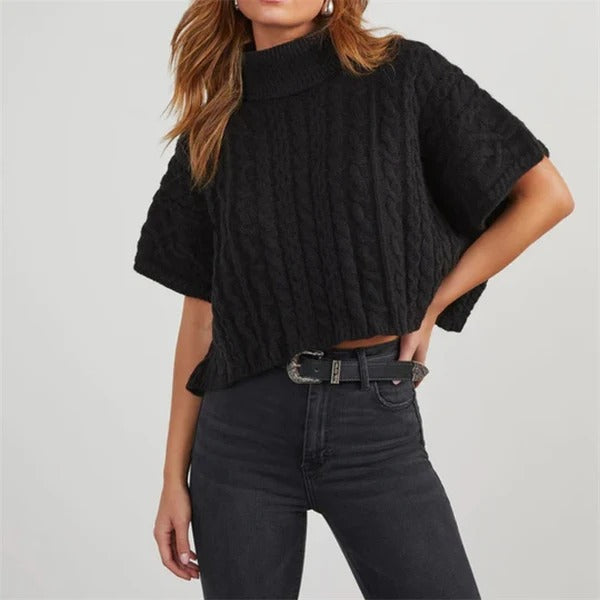 Women's Knit Sweater – Wool – Oversized Fit – High Neck – Cable Knit – Cropped