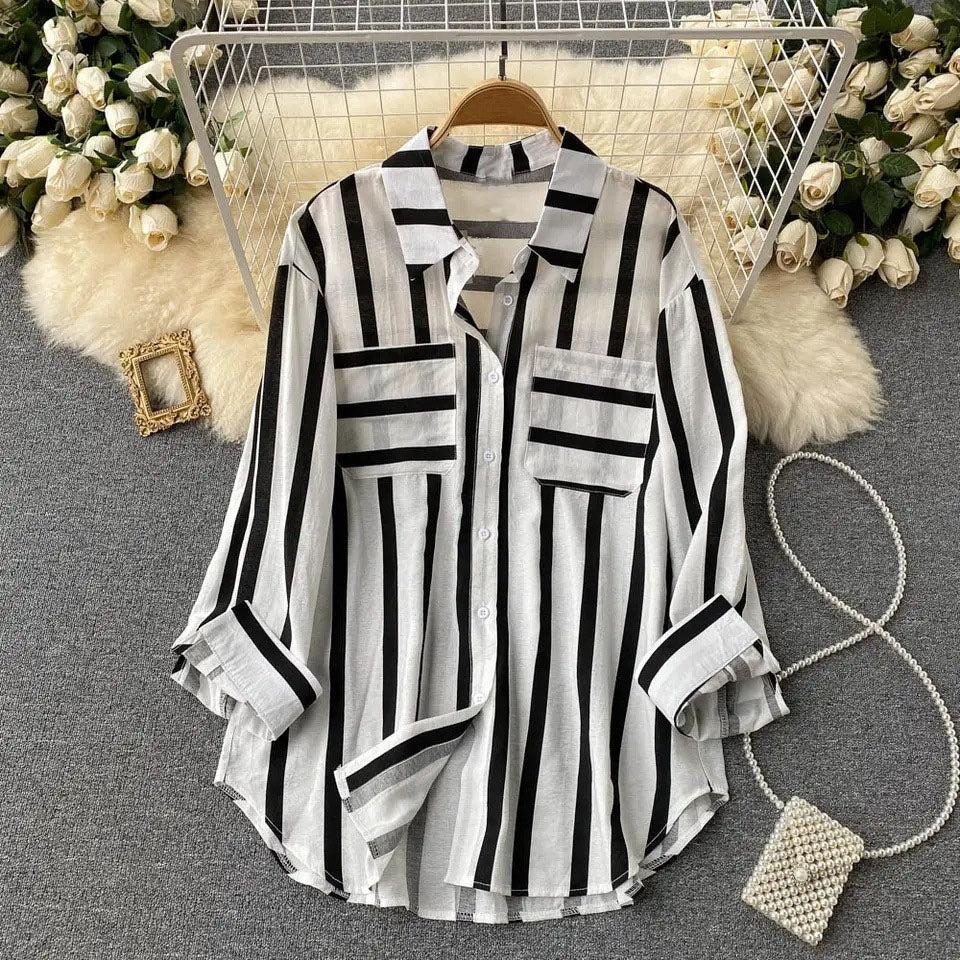 Women's Shirt Jacket – Loose Fit – Vertical Stripes – Button Closure – Cotton Blend
