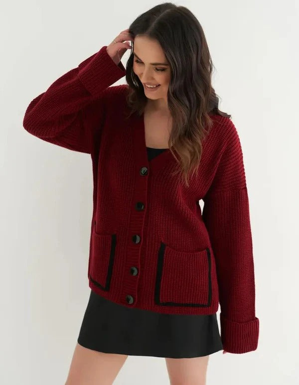 Women's Cardigan – Knitted – Relaxed Fit – Deep V-neck – Trimmed Pockets