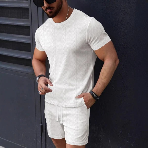 Men's Set with T-shirt and Shorts – Textured Knit – Regular Fit – Drawstring Waist