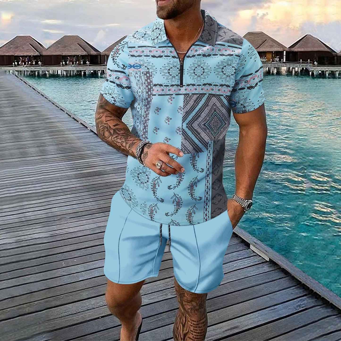 Men's Set – Slim Fit Zip Piqué Shirt with Digital Pattern & Knee-Length Shorts