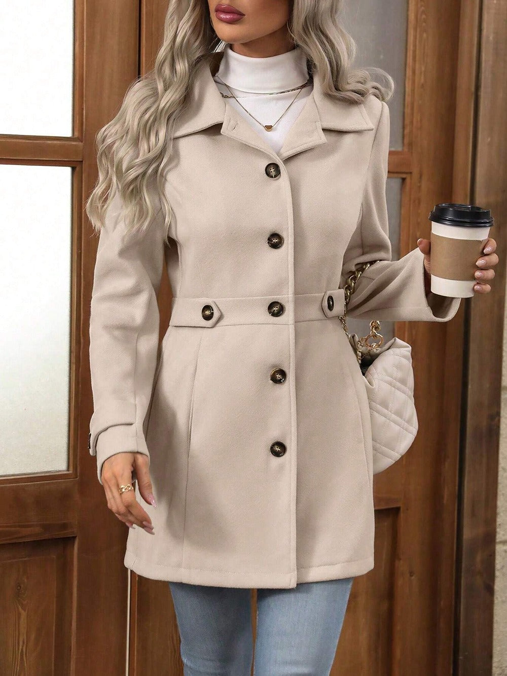 Women's Coat in Wool – Slim Fit – Button Front – Lapels – Waist Shape