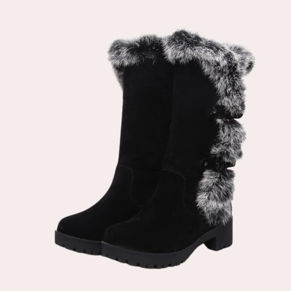 Women's Boots – Knee-Length – Suede Look – Faux Fur Trim – Buckle – Chunky Sole