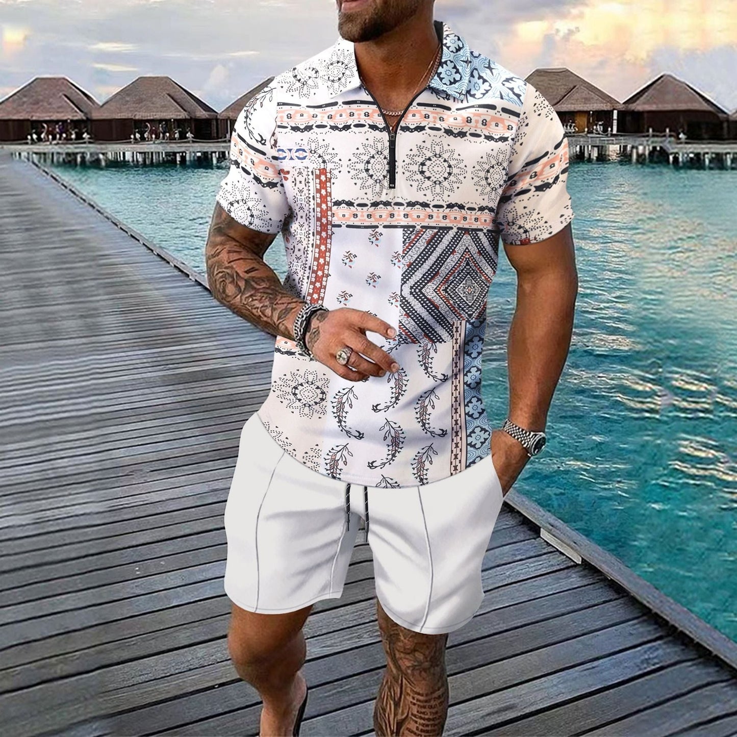 Men's Set – Slim Fit Zip Piqué Shirt with Digital Pattern & Knee-Length Shorts