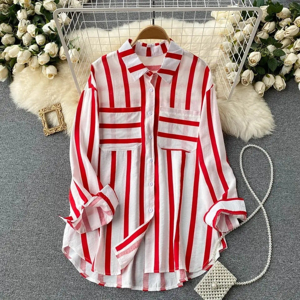 Women's Shirt Jacket – Loose Fit – Vertical Stripes – Button Closure – Cotton Blend