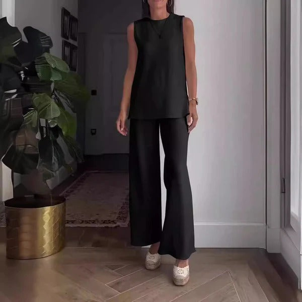Women's Set with Sleeveless Blouse and Wide Pants – Relaxed Fit – Soft Cotton Blend