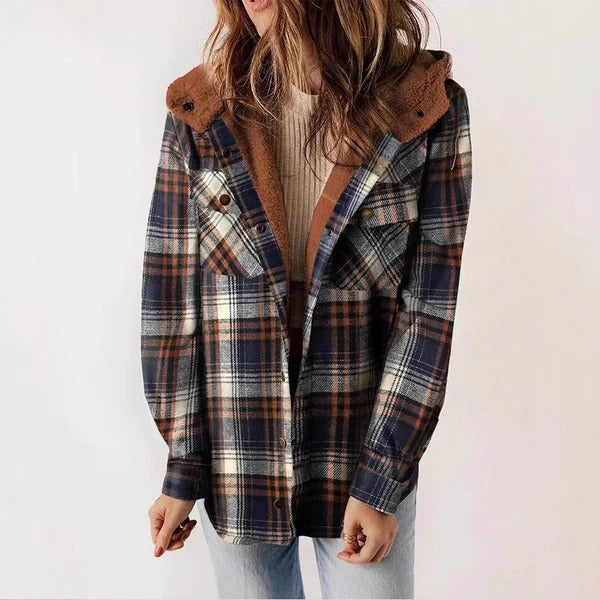 Women's Shirt – Plaid Fleece Lining – Relaxed Fit – Hood – Button Front