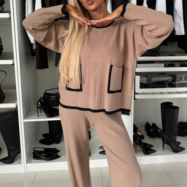 Women's Loungewear Set – Ribbed Knit – Relaxed Fit – Contrast Details – Full Length
