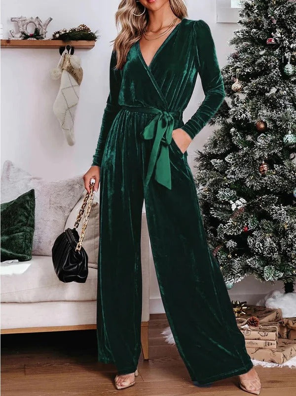 Women's jumpsuit – tailored fit – velour – V-neck – long sleeves – wide legs