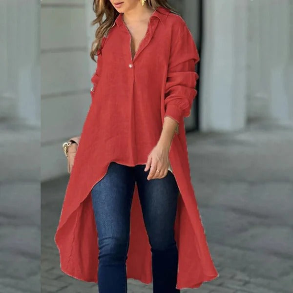 Women's Blouse – Relaxed Fit – Long Sleeve – High-Low Hem – Soft Cotton Blend