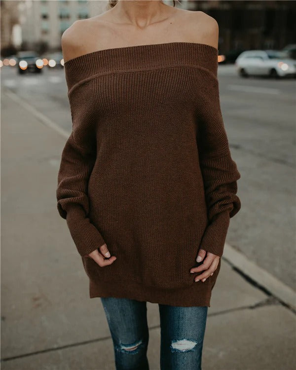 Women's Sweater – Off Shoulder – Oversized Fit – Knitted Wool Blend – Ribbed Edges