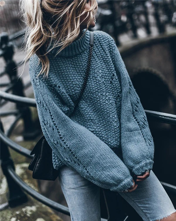 Women's Sweater – Oversized Fit – Chunky Knit – High Neck with Eyelet Pattern