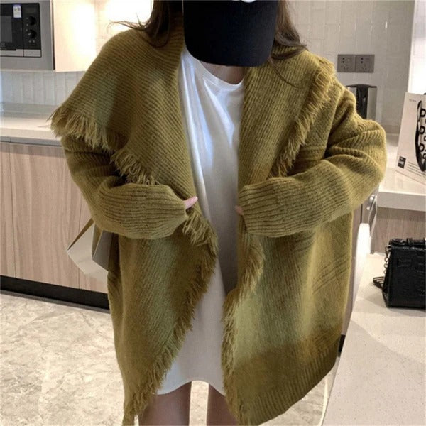 Women's Cardigan – Knitted Material – Oversized Fit – Fringed Edges – Open Front