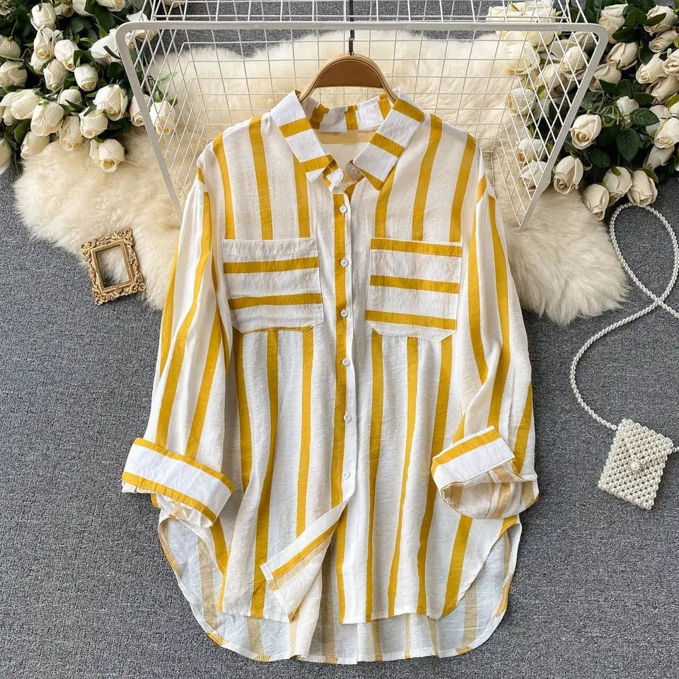 Women's Shirt Jacket – Loose Fit – Vertical Stripes – Button Closure – Cotton Blend