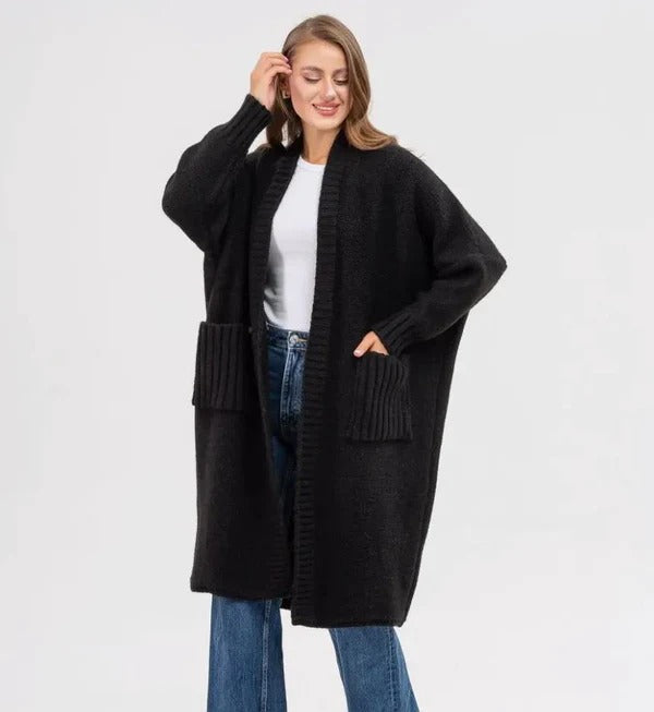 Women's Cardigan – Knitted Wool Feel – Oversized Fit – Long with Large Pockets