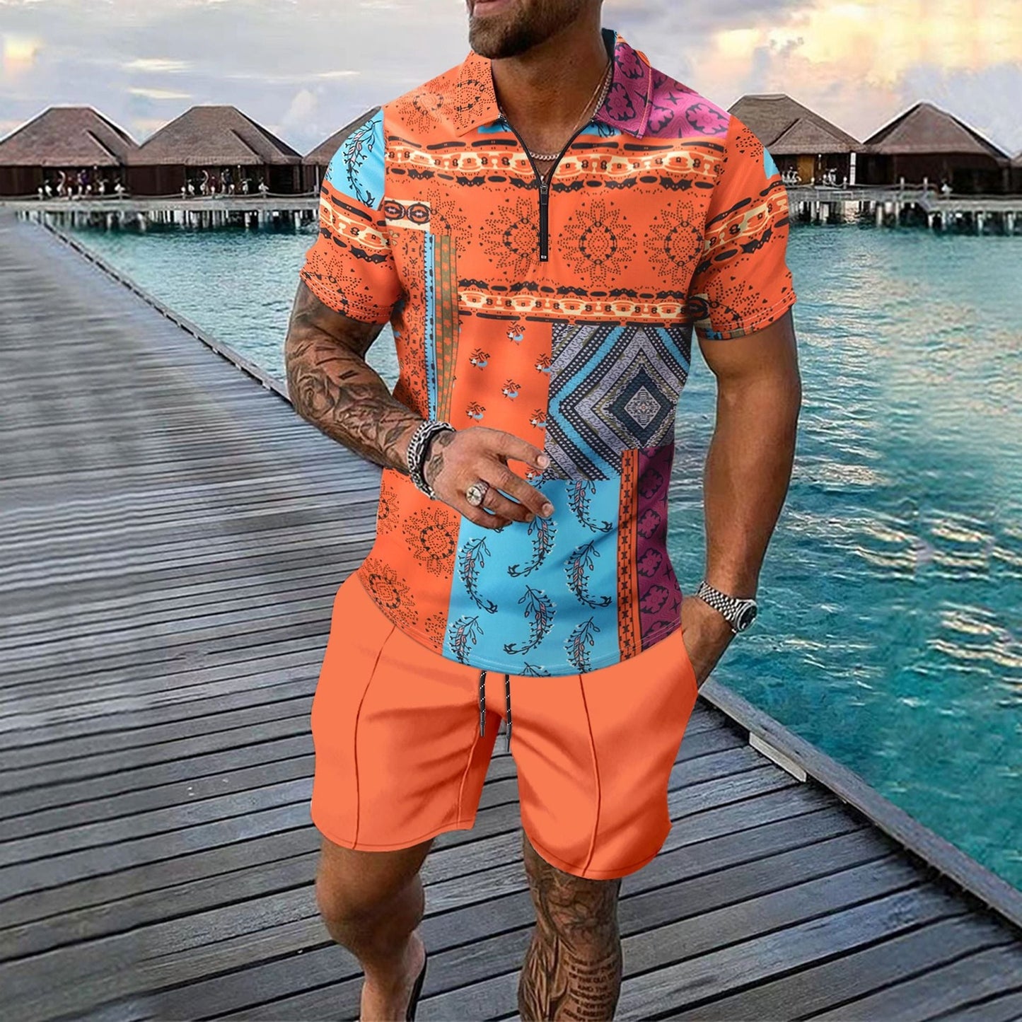 Men's Set – Slim Fit Zip Piqué Shirt with Digital Pattern & Knee-Length Shorts