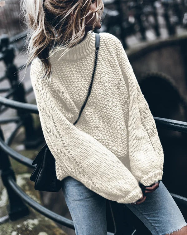 Women's Sweater – Oversized Fit – Chunky Knit – High Neck with Eyelet Pattern