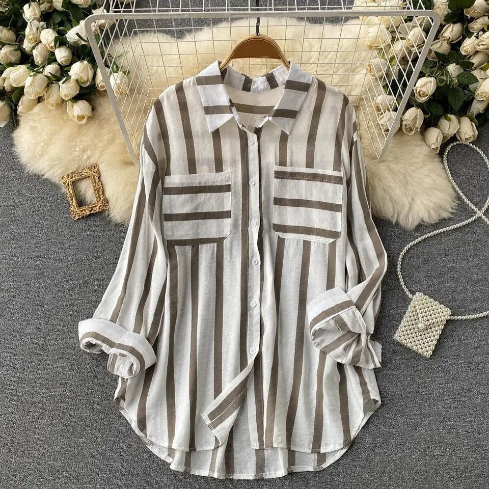 Women's Shirt Jacket – Loose Fit – Vertical Stripes – Button Closure – Cotton Blend
