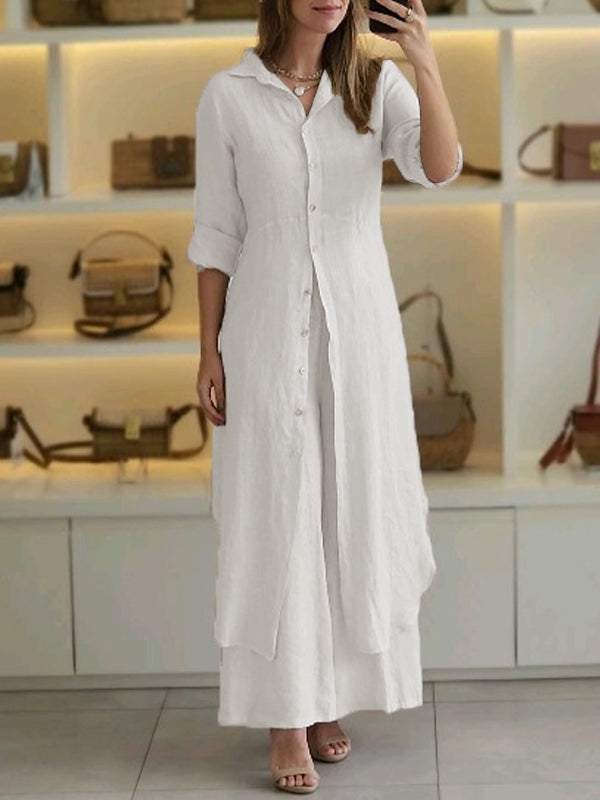 Women's Set with Shirt and Wide Pants – Relaxed Fit – Breathable Cotton