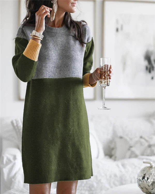 Women's Dress – Wool Blend – Relaxed Fit – Long Sleeves – Color Block Design