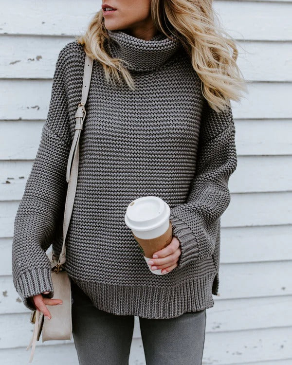 Women's Sweater – Knitted – Oversized Fit – High Neck – Ribbed Texture – Long Sleeves