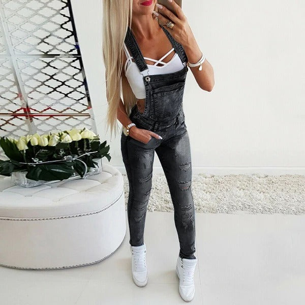 Women's Overalls – Slim Fit – Adjustable Straps – Distressed Denim Style