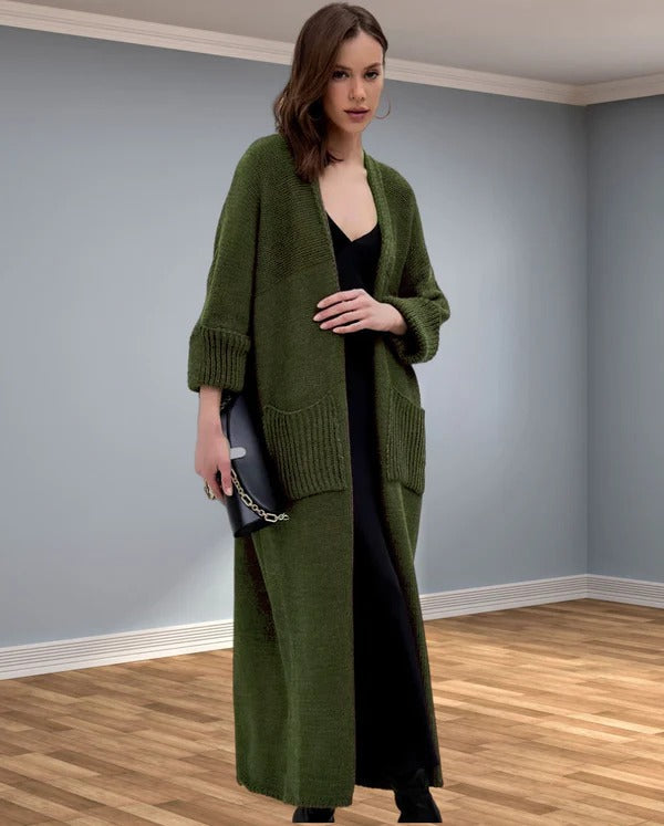 Women's knitted coat – oversized fit – chunky knit – V-neck with pockets