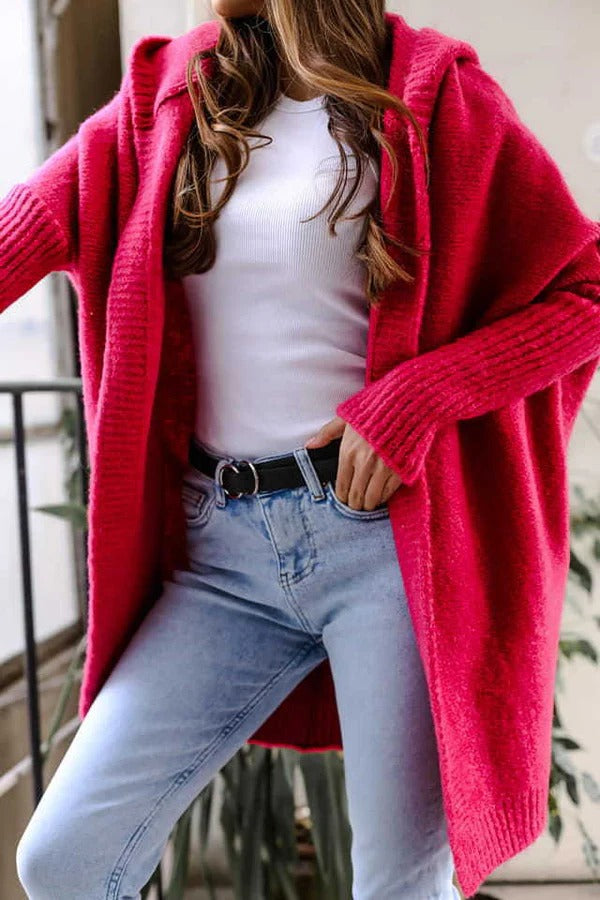 Women's Cardigan – Knitted – Oversized Fit – Hood – Open Front – Ribbed Details