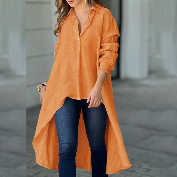 Women's Blouse – Relaxed Fit – Long Sleeve – High-Low Hem – Soft Cotton Blend
