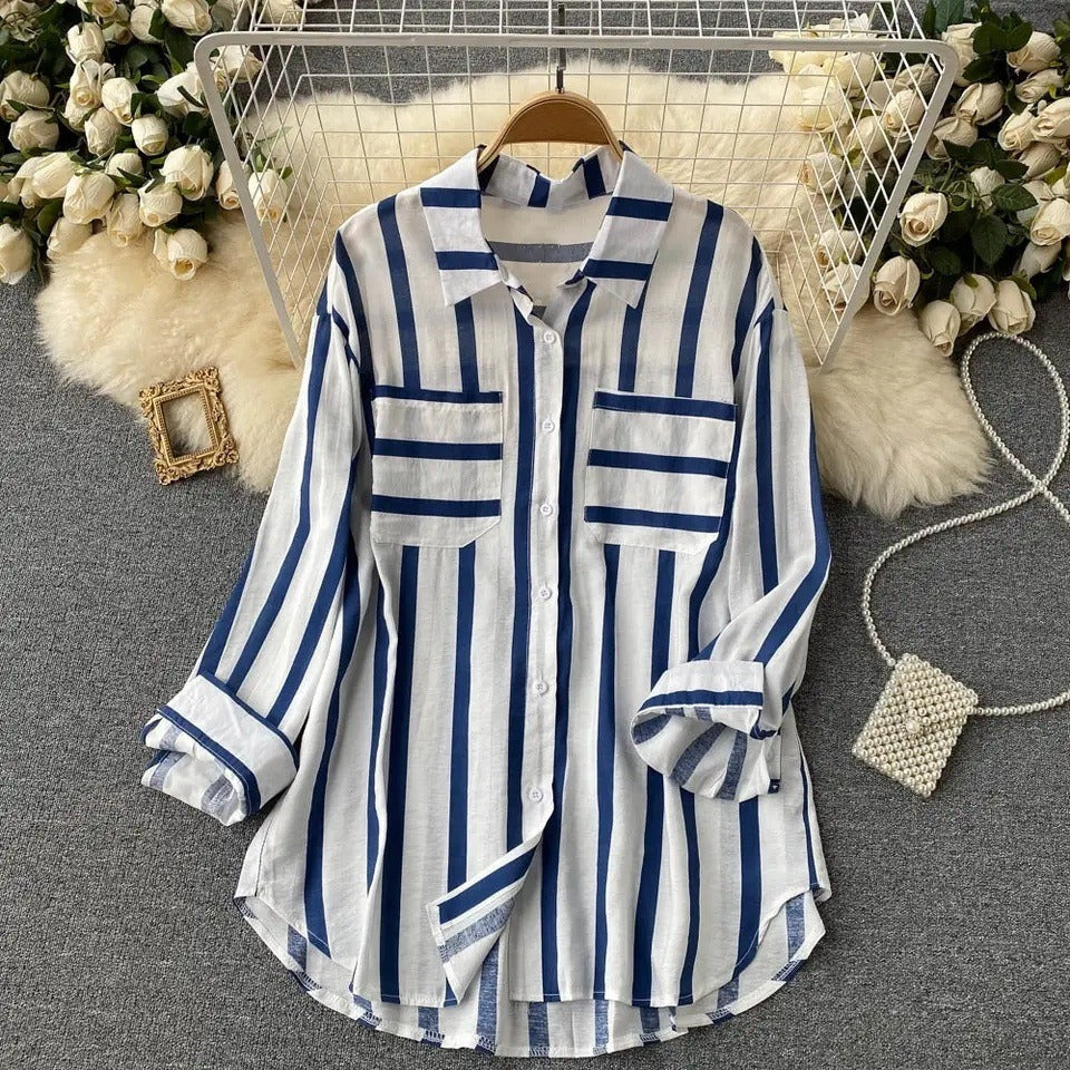 Women's Shirt Jacket – Loose Fit – Vertical Stripes – Button Closure – Cotton Blend