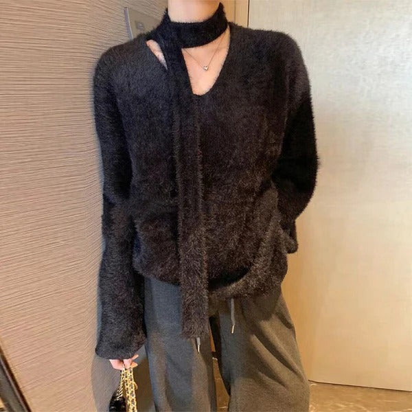 Women's Sweater – Oversized Fit – Wool Knit – Deep V-neck – Ribbon Detail