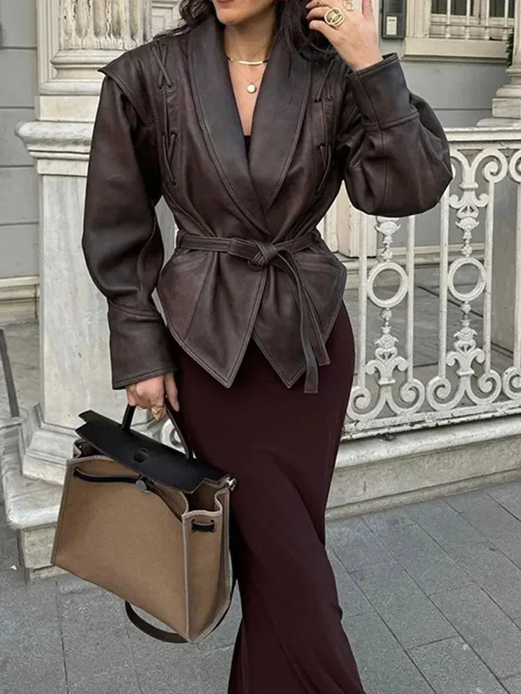 Women's Leather Jacket – Tailored Fit – Waist Belt – Structured Shoulder – Lacing