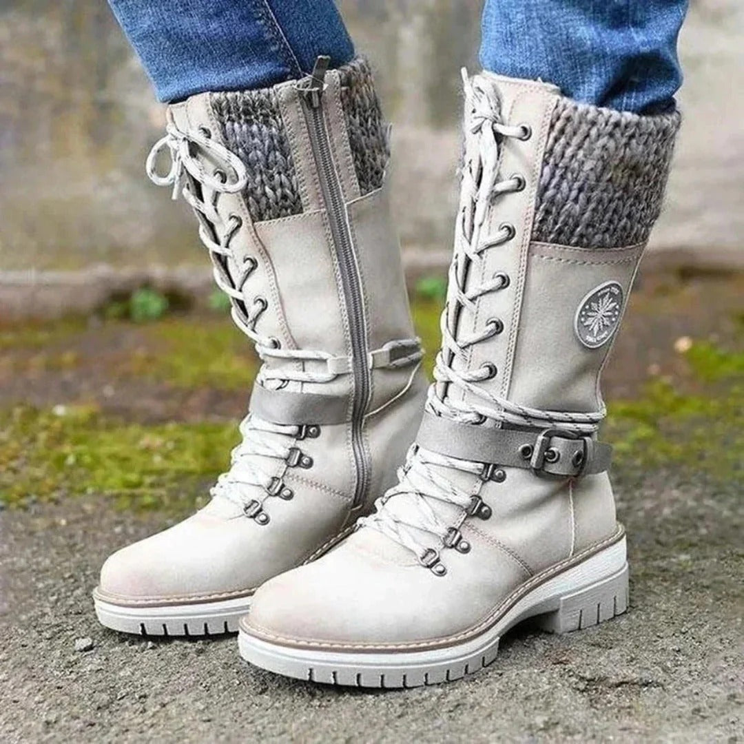 Women's High Boots – Front Lacing – Zipper – Wool Cuff – Buckle Details