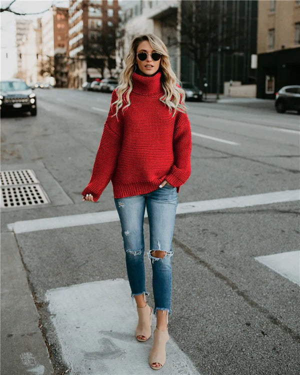 Women's Sweater – Knitted – Oversized Fit – High Neck – Ribbed Texture – Long Sleeves