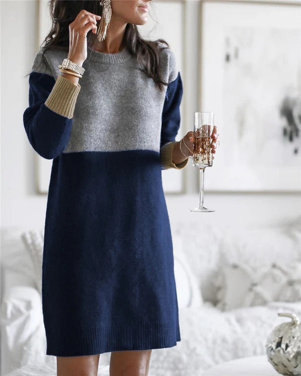 Women's Dress – Wool Blend – Relaxed Fit – Long Sleeves – Color Block Design