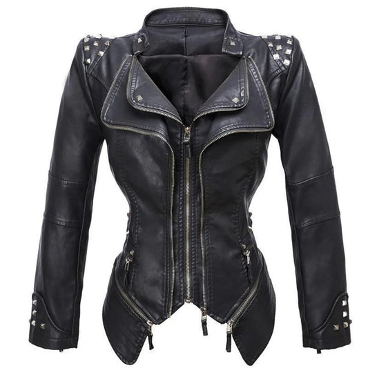 Women's Biker Jacket – Slim Fit – Studded Shoulders – Asymmetric Zipper