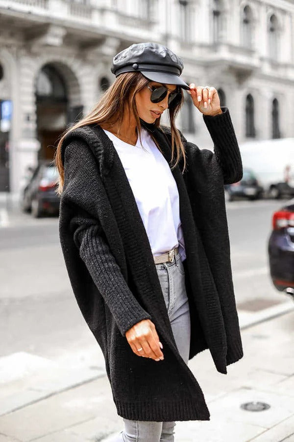 Women's Cardigan – Knitted – Oversized Fit – Hood – Open Front – Ribbed Details