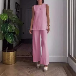 Women's Set with Sleeveless Blouse and Wide Pants – Relaxed Fit – Soft Cotton Blend