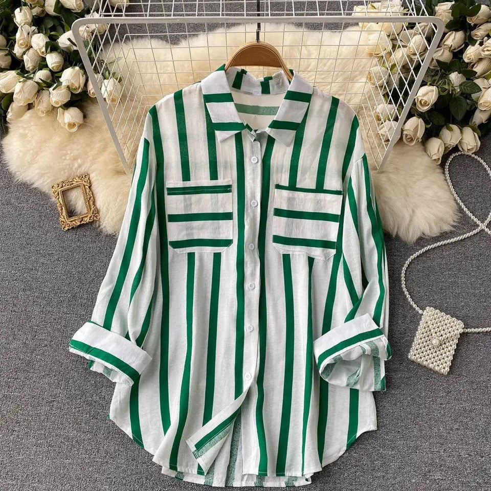 Women's Shirt Jacket – Loose Fit – Vertical Stripes – Button Closure – Cotton Blend